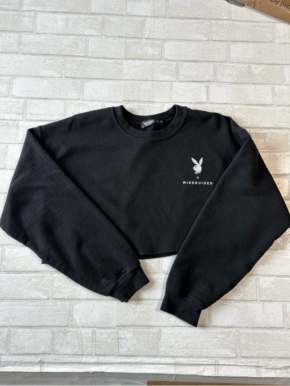 Missguided Black Cropped Crew Sweatshirt with White Logo